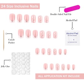 Valentines Press on Nails Medium Square OFDNE White French Tip Fake Nails False Nails with Designs White Heart Silver Swirl Glossy Glue on Nails Acrylic Nails for Women Girls 24 Pcs