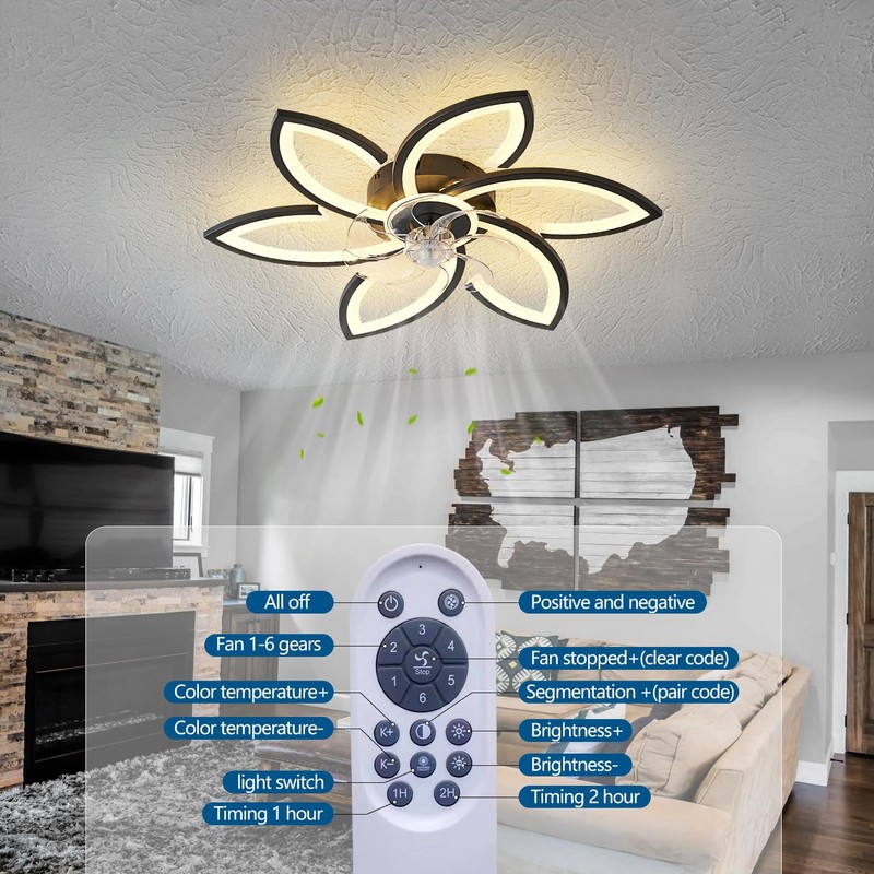 Dalouguan Ceiling Fan with Lights Remote Control, Black Flower Ceiling