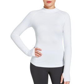 FitsT4 Sports Women's Thermal Shirts Long Sleeve Fleece Lined Tops Mock Neck Workout Running Cold Weather Gear Thumbholes White