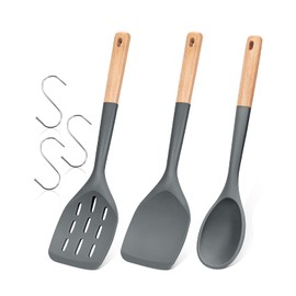 Pack of 3 Silicone Spatula, Non Stick Cooking Utensil Set, Wooden Handle Kitchen Turner for Baking Mixing Grilling Serving Food Heat Resistant, Grey