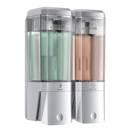 Shampoo and Conditioner Dispenser 2 Chamber No Drill Shower Soap Dispenser Wall Mounted Shampoo Conditioner Body Wash Dispenser 2 * 500ml Refillable Shower Dispenser for Bathroom Hotel, Silver