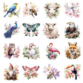 Transferaufkleber zum Basteln, 16 Bögen, 7,6 x 7,6 cm, Aquarell-Stil, Transferaufkleber, Blumen, Tiere, Schmetterling, Vögel, tropisch, für DIY-Tasse, Thermobecher (Blumen und Tiere-B)