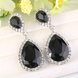 EVER FAITH Women's Black Austrian Crystal Wedding Bridal Tear Drop Dangle Earrings Silver-Tone
