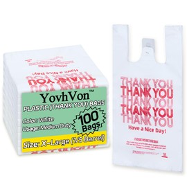 YovhVon Extra Large 100 Count Plastic Bags with Handles, T-Shirt Bags, Thank You bags, Shopping Bag, Grocery bag, |for Store, Carry, Pack|, White, 1/5 Barrel, X-Large Size 13"x8"x23"