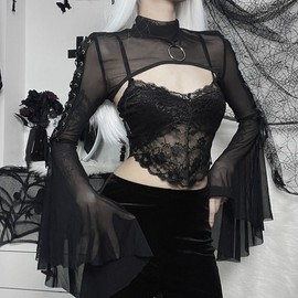 Women Goth Crop Tops Gothic Punk Fishnet Cover Up Bell Sleeve Shawl Mesh Bolero Shrug Cardigan Black