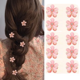 10 Pcs Sweet Mini Cute Flower-Shaped Hair Clips, Crystal Rhinestone Petal Small Hair Claw Clips Fashion Long Braid Hairstyles for Women Hair Accessories (Pink)
