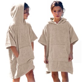 CalmyBEACH Terry Cloth Bath Poncho Girls Boys – Children's Surf Poncho 100% Cotton Beach Poncho Towel with Hood Changing Aid Surf Poncho Bathrobe, beige