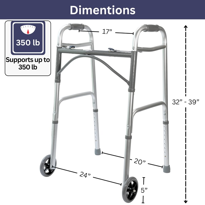 Foldable Lightweight Two Button Walker with 5” Wheels, Includes Ski