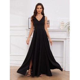 MIQILADUNA Women's Formal Dress V Neck Sleeveless Winter Wedding Guest Split Cocktail Party Prom Long Dresses L Black