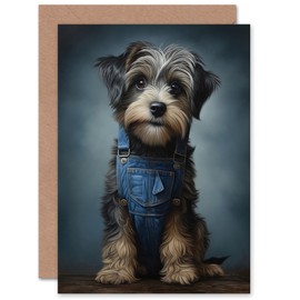 Artery8 Adorable Snorkie Dog in Blue Jean Dungarees Pet for Child Children Kids Birthday Thank You Blank Art Greeting Card