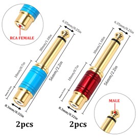 KUOQIY 4 PCS RCA Female to 6.35mm (1/4 inch) Male Audio Adapter, 6.35mm Male Mono TS Jack Plug to RCA Female Interconnect Audio Adapter, Pure Copper Red + Blue