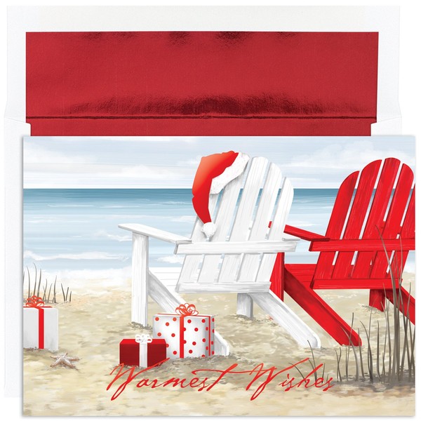 Masterpiece Studios Warmest Wishes 16-Count Boxed Christmas Cards with Foil-Lined Envelopes, 7.8" x 5.6", Beach Chairs Greetings (870600)