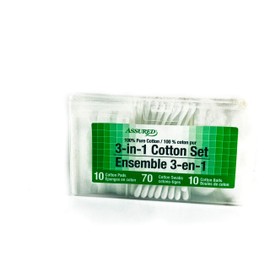 ASSURED 3-in-1 Cotton Set - Cotton Pads, Swabs & Balls - 3 Sets - Blue/White/Purple (90 Items) - 3 Ct