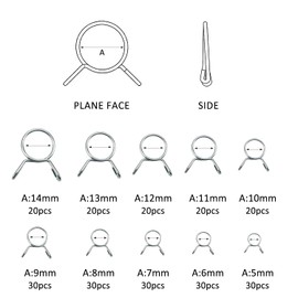 YIXISI 250 PCS 5-14 mm Fuel Hose Spring Clamps, Fuel Line Hose Clips, Tubing Spring Clamps Assortment Kit, Single Wire Tubing Spring Clips Clamps, for Motorcycle Scooter ATV(10 Sizes)