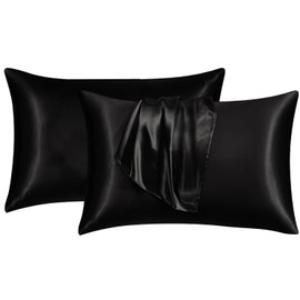 Sunshine Comforts Satin Silk 2 Pack Black, Soft, Smooth, and Luxurious Pillow Cases with Envelope Closure, Silk Pillow Cases for hair & skin, for Women's, Standard Size 50x75cm
