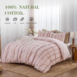 Simple&Opulence 100% Cotton Duvet Cover Set Queen Size, 3Pcs Pink Boho Vintage Embroidered Stripe Bedding Set with Button Closure, Soft and Breathable Textured Comforter Cover for All Seasons