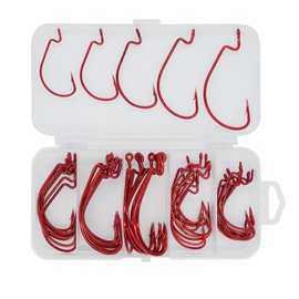 INMOFN Offset Worm Hooks for Bass Fishing 50pcs High Carbon Steel Wide Gap Bait Jig Salt or Freshwater Gold/Red Fishing Hooks for Bass Trout with Box 5 Size #1/0-5/0 (Red)