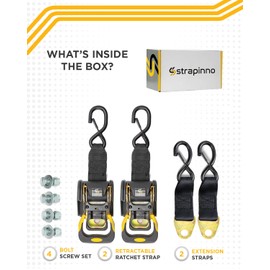 Strapinno 2PCS Retractable Ratchet Straps (1 7/8 in x 4 ft) Heavy Duty Transom Tie Downs with Extension Straps, Bolt Set & Safety Latch S-Hooks,for Boat,ATV, Trailers, Break Strength 3,000LBS/1,360KG