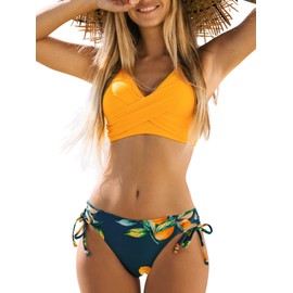 CUPSHE Women's Bikini Swimsuit Floral Print Tie Side Twist Front Two Piece Bathing Suit, M Yellow