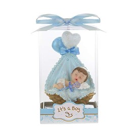Mega Favors Keepsake Figurine 12 pcs Baby Boy Sleeping in Basket with Ballons | Awesome Decorations or Party Favors | for Pregnancy Announcements, Gender Reveals, Birthday and Special Celebrations