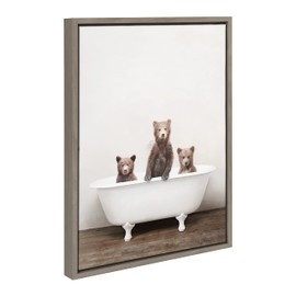 Kate and Laurel Sylvie Three Little Bears in Vintage Bathtub Framed Canvas Wall Art by Amy Peterson Art Studio, 18x24 Gray, Modern Fun Decorative Bathtub Wall Art for Home Décor