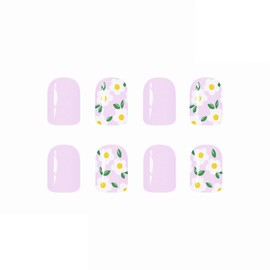 MERVF Square Press on Nails Short Fake Nail Light Purple Solid Color Glue ons Daisy Flower Design Acrylic Nails Summer Squoval Manicure 24pcs Glossy