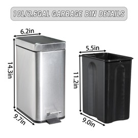 Rectangular Stainless Steel Trash Can Wastebasket with Lid Soft Close,Small Slim Step Pedal Meta Garbage Can,Silver 2.6Gallon/10L Dog Proof Garbage Container Bin for Bathroom,Bedroom,Kitchen,Office