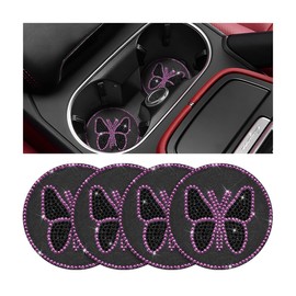 KHGUZ Bling Car Coasters, 4PCS Butterfly Rhinestone Anti-Slip Vehicle Cup Holder Insulated Bottle Mat, Diamond Shiny Automotive Interior Drink Protection Pad Accessories, Universal Fit (Pink)
