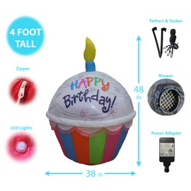 4 Foot Tall Cute Happy Birthday Inflatable Cupcake with Candle Lighted Blowup Party Decoration for Outdoor Indoor Home Celebration Garden Yard Prop