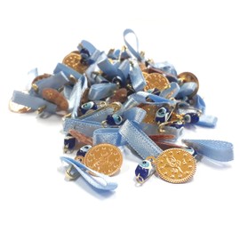Pack of 100, Nazar Boncuk, Blue Eye, Evil Eye with Enamelled Metal Coin Beads, Tugra, Safety Pin and Cord, Evil Eye Lucky Charm for Gift Wedding (Light Blue)
