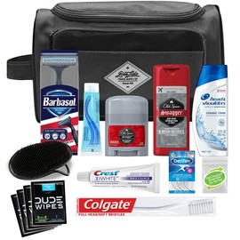 Convenience Kits International Convenience Kits International Men's Premium 15-Piece Kit wth Travel Size TSA Compliant Essentials, Featuring: Head & Shoulders Dandruff Shampoo Classic Clean and Palm Scalp Brush in Black Dopp Bag