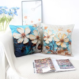 OYIMUA Blue Cushion Covers 45 x 45 Linen Floral Cushions Covers Set of 4 Square Cushion Cover 18 x 18 Inches Decorative Pillows Sofa Throw Pillow Cases Outdoor Cushion Cases Home Decor