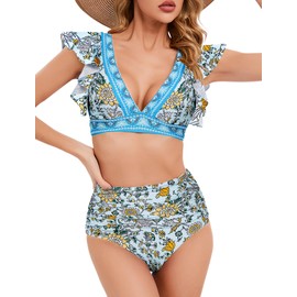 Soucrat Women Ruffle High Waisted Swimsuit Two Piece Tropical Print Swimsuit Push Up Bathing Suit Light Green Floral