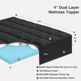 OLANLY Dual-Layer 4 Inch King Size Memory Foam Mattress Topper for Back Pain, 2 Inch Cooling Pillow Top Mattress Pad Cover and 2 Inch Gel Memory Foam Topper, Deep Elastic Pocket, Black