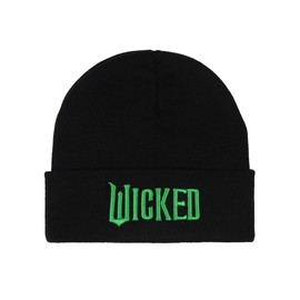 Wicked Embroidered Raised 3D Movie Logo Adult Novelty Knit Cuff Pom Pom Beanie Winter Hat Cold Weather Cap OSFM Women Men Black