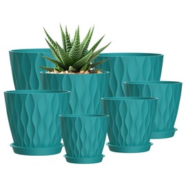 SQKH 7 Pack Plant Pots, 7/6.5/6/5.5/5/4.5/4 Inch Plastic Flower Pots with Drainage Holes and Trays for Indoor & Outdoor Planters,Green