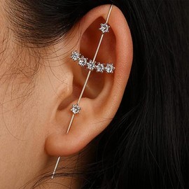 Fanquility Vintage Ear Wrap Crawler Hook Earrings Crystal Long Piercing Star-Shape Lightning Bolt Exaggerate Wrap Climber Earrings Gold Silver Cz Ear Cuff Earrings for Women (Style5)
