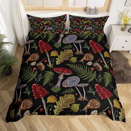 Feelyou Kids Mushroom Bedding Set Mushrooms Snail Leaf Duvet Cover for Boys Girls Teens Bedroom Nature Botanical Animal Decor Comforter Cover Wild Plants Bedspread Cover Twin Size with 1 Pillow Case