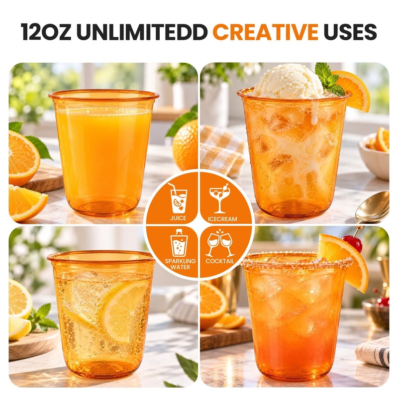 100 Pack 12oz Clear Orange Disposable Stemless Wine Glasses