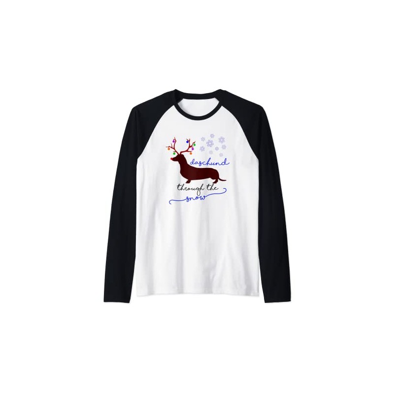 Daschund Through the Snow Funny Christmas Pun T-Shirt Raglan, black
