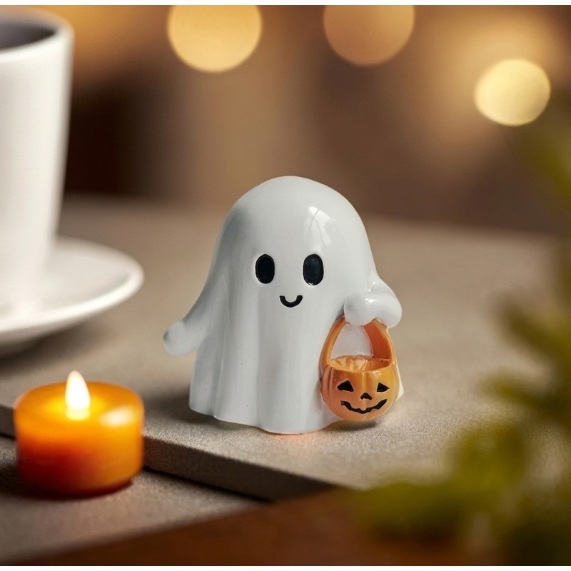 Cute Ghost Pumpkin Statue Halloween Decoration – Adorable Resin Figurine