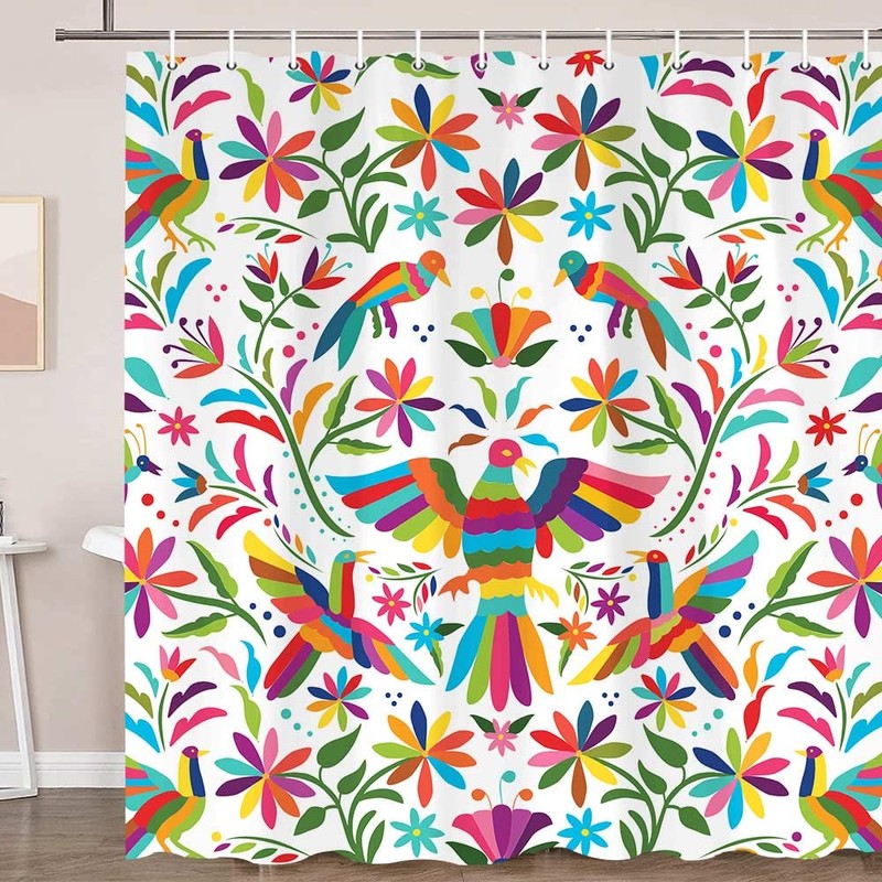 Mexico Floral Shower Curtain for Bathroom, Traditional Mexican Bluebird Otomi