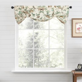 Leeva Tie-up Window Valance Curtain for Study Room, Linen Energy Saving Bird Printed Foral Pattern Rod Pocket Small Curtains for Bedroom Dining Room, 52 x 18 Inches, Beige, One Panel
