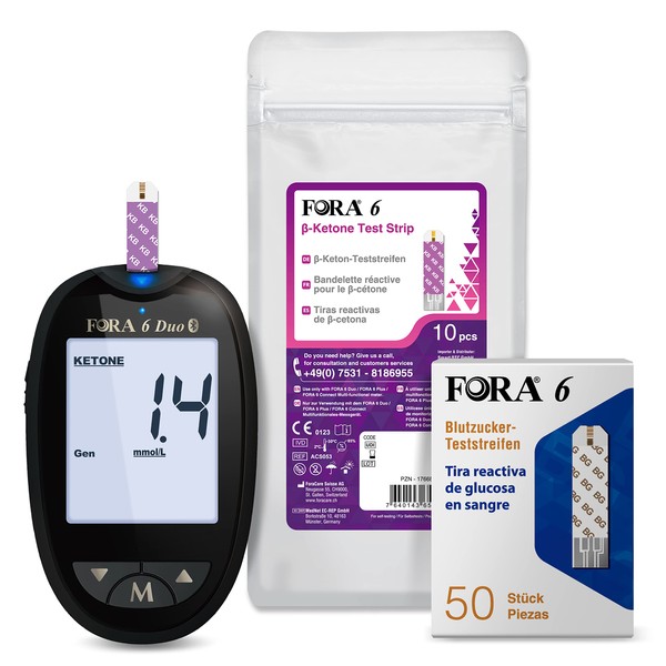 FORA Duo 2 in 1 (Blood Sugar, Ketone) Bluetooth, Blood Glucose Monitors + 50 Glucose Test Strips + 10 x Ketone Test Strips