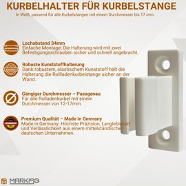 markiso® Crank Holder for Roller Shutter Crank [Made in Germany] Bracket for Awning Crank, Wall Mount for Cranks with Diameter of 12-17 mm, White
