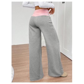 SOLY HUX Women's Sweatpants Color Block Low Rise Fold Over Waist Baggy Wide Leg Pants Light Grey and Pink Small