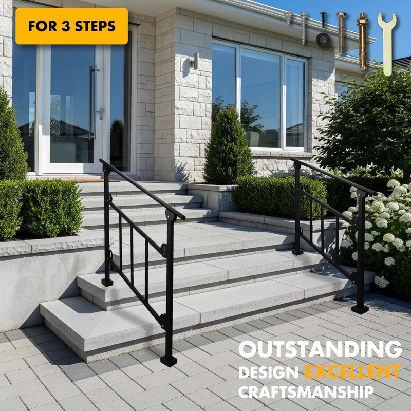 Upgrade 3 Steps Black Handrail & Indoor Stair Railing Kit,