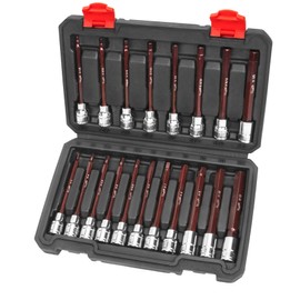 LLNEDL 3/8 Inch Drive Long Allen Hex Bit Socket Set, 19-Piece Hex Head Standard SAE & Metric Sockets (1/8"-3/8", 3-12mm), S2 Alloy Steel Durable Tools for Mechanics