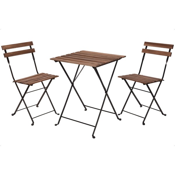 idooka Bistro Garden Table and Chairs - Metal Black Frame Acacia Wood Garden Furniture Sets Outdoor Seating- Folding Table & 2 x Foldable Chair Set- 3 Piece Patio Set Square Metal- Balcony Furniture