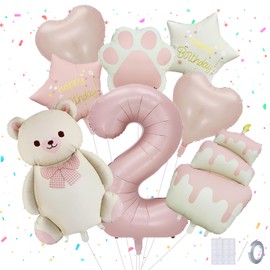 Panouo 8-Pack Matte Bear Party Balloons, Pink Foil Balloons, 2-Year-Old Girl Birthday Party Decorations, Bear Theme Party Decorations, Birthday Party Decorations (2)